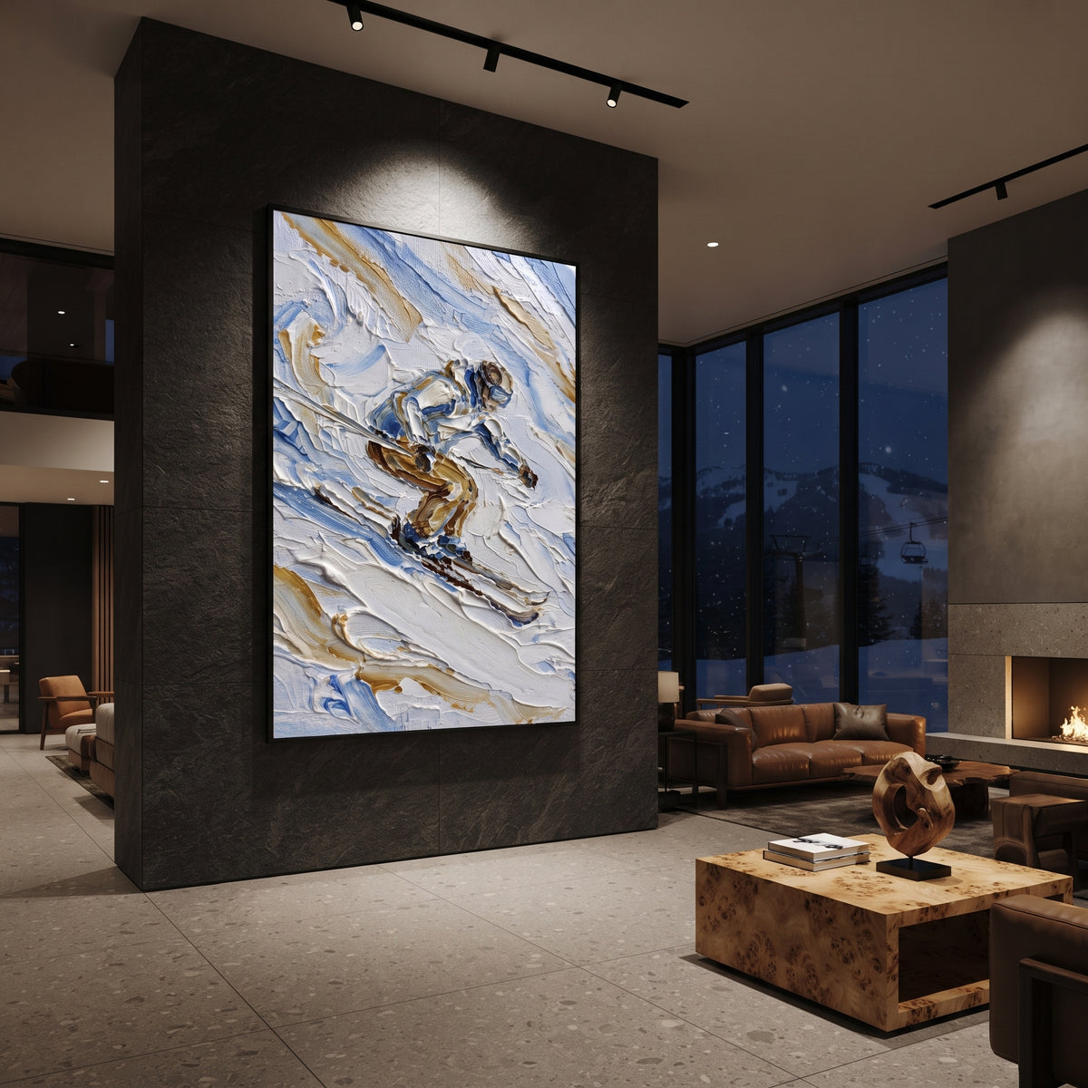 Ice Snow Trail focuses on soft gray snowfields broken by colorful skiers and thick ridge texture. The artwork shows a winter ski scene built from the actual image: visible downhill figures, curved snow tracks, raised ridgelines, and alpine space arranged in a tall composition. The blue, white, orange palette gives the piece a cold mountain atmosphere while the thick impasto surface creates shadows along each snowbank, ski line, and textured ridge. This is presented as hand-painted textured