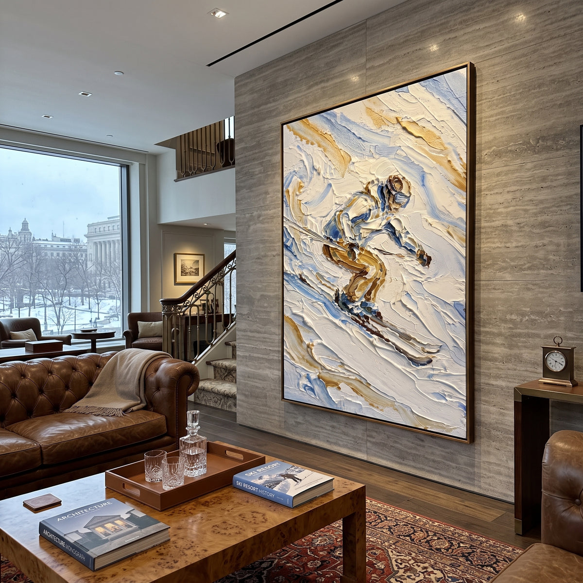 Ice Snow Trail focuses on soft gray snowfields broken by colorful skiers and thick ridge texture. The artwork shows a winter ski scene built from the actual image: visible downhill figures, curved snow tracks, raised ridgelines, and alpine space arranged in a tall composition. The blue, white, orange palette gives the piece a cold mountain atmosphere while the thick impasto surface creates shadows along each snowbank, ski line, and textured ridge. This is presented as hand-painted textured