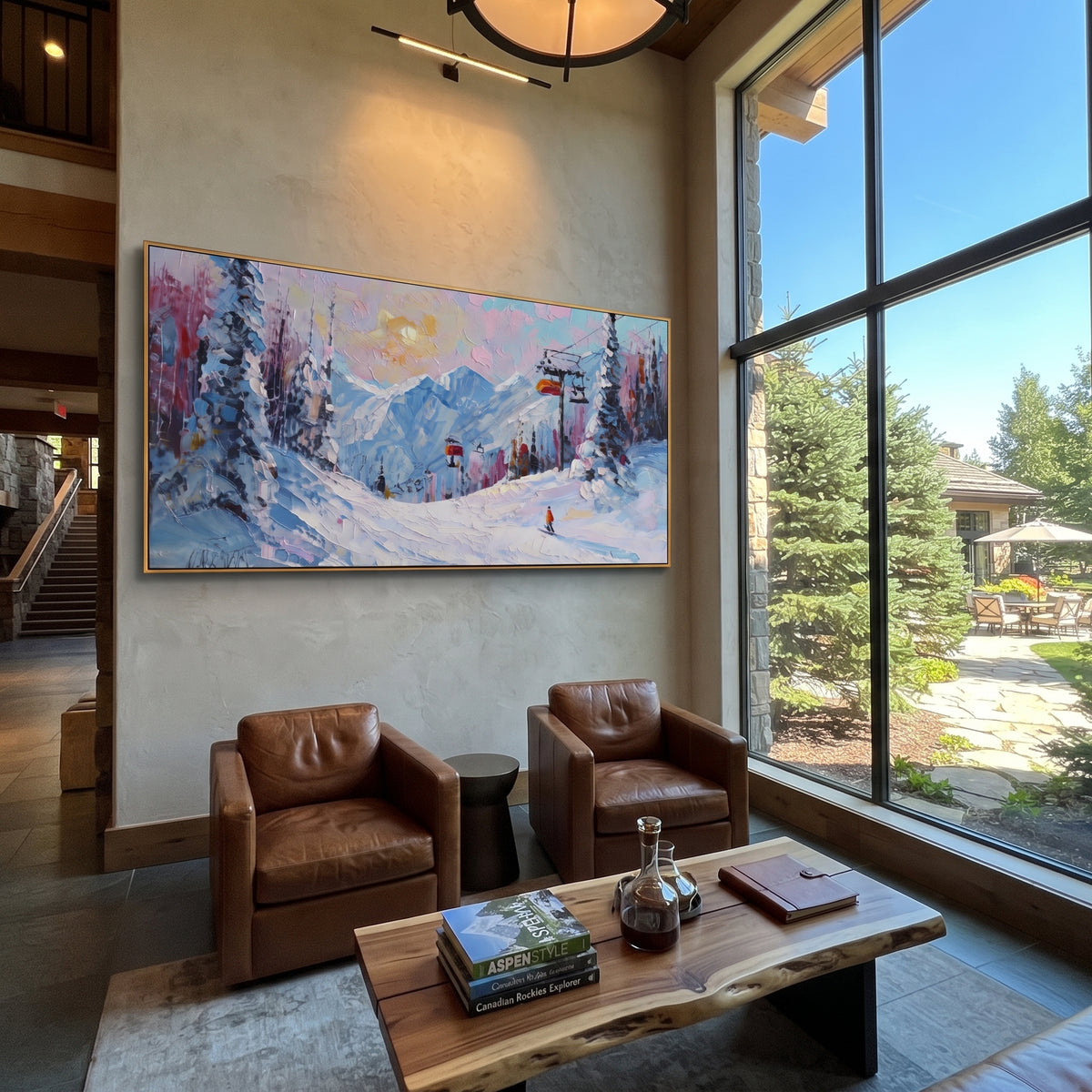 Pink Lift Alpine Village focuses on a pastel ski village scene with chairlifts, pink trees, blue peaks, and tiny skiers. The artwork shows a winter ski scene built from the actual image: visible downhill figures, curved snow tracks, raised ridgelines, and alpine space arranged in a wide composition. The pink, blue, white palette gives the piece a cold mountain atmosphere while the thick impasto surface creates shadows along each snowbank, ski line, and textured ridge. This is presented as