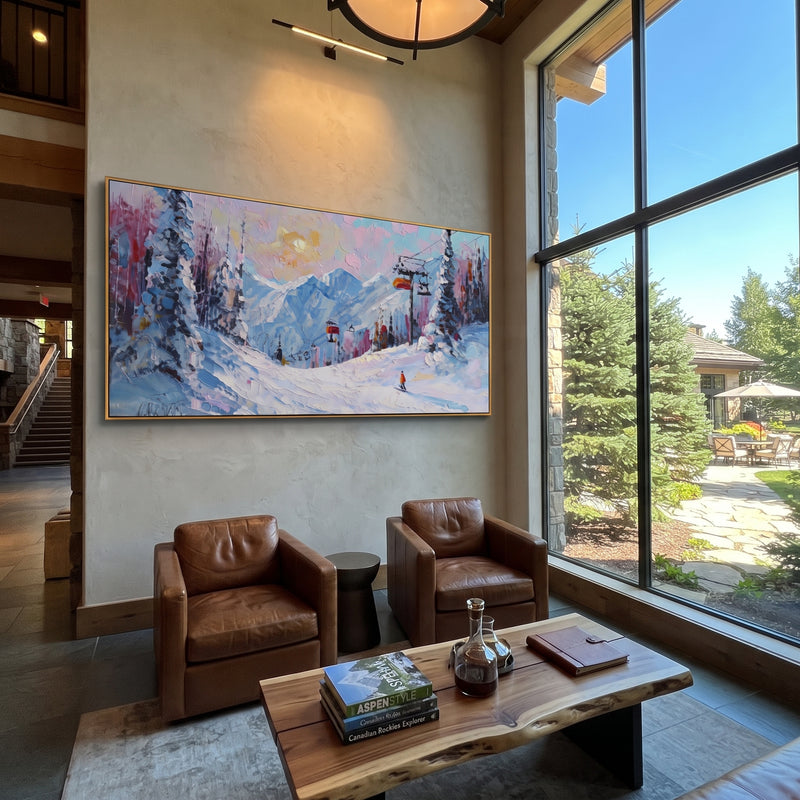 "Pink Lift Alpine Village" - Modern Heavy Impasto Landscape Artwork | Pink & Blue Palette Knife Painting | Luxury Horizontal Wall Art #PT 2429