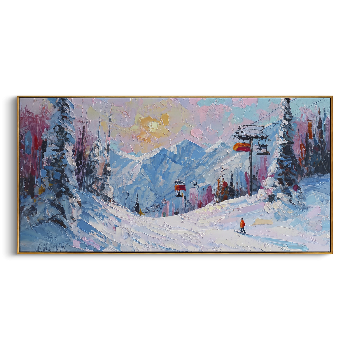 Pink Lift Alpine Village focuses on a pastel ski village scene with chairlifts, pink trees, blue peaks, and tiny skiers. The artwork shows a winter ski scene built from the actual image: visible downhill figures, curved snow tracks, raised ridgelines, and alpine space arranged in a wide composition. The pink, blue, white palette gives the piece a cold mountain atmosphere while the thick impasto surface creates shadows along each snowbank, ski line, and textured ridge. This is presented as
