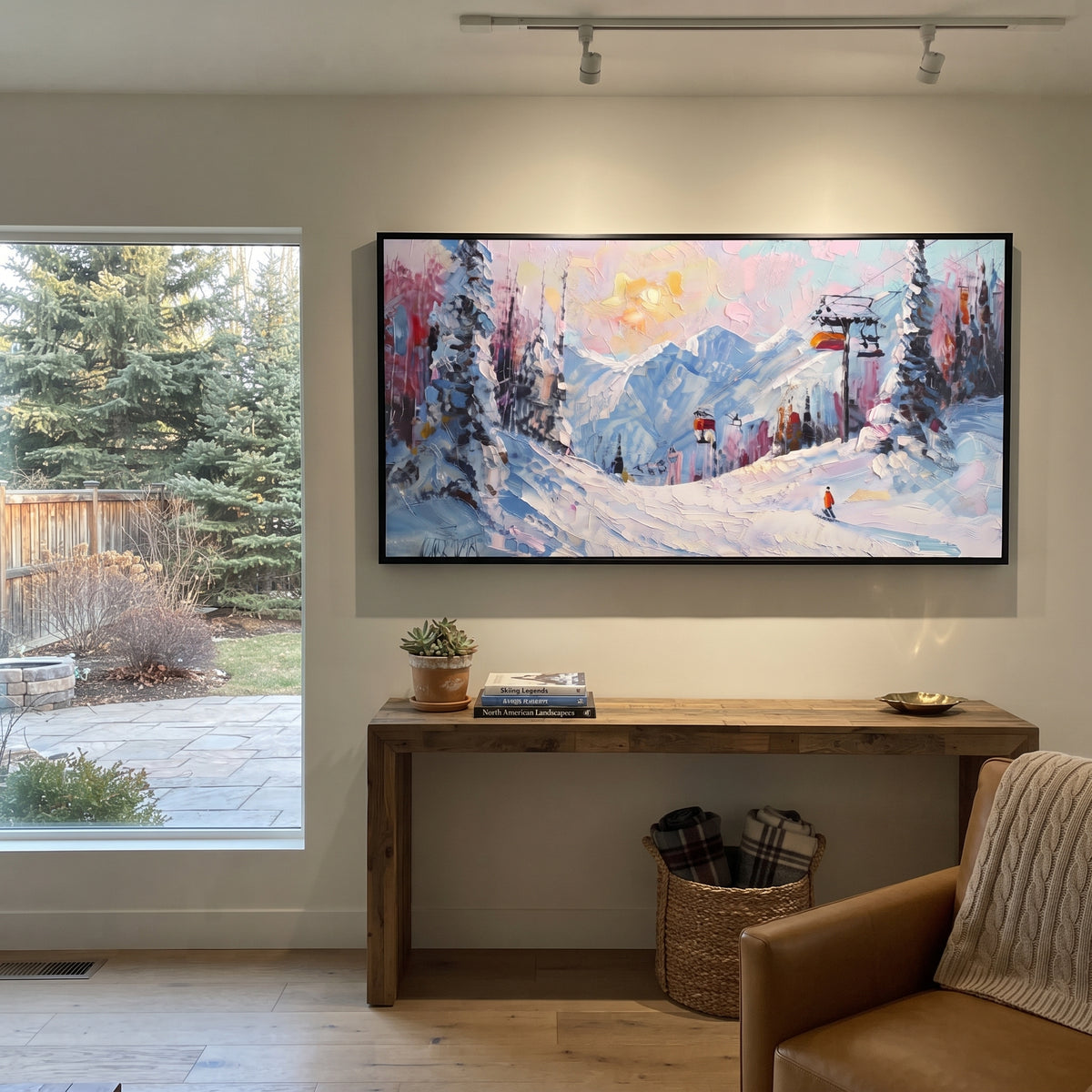 Pink Lift Alpine Village focuses on a pastel ski village scene with chairlifts, pink trees, blue peaks, and tiny skiers. The artwork shows a winter ski scene built from the actual image: visible downhill figures, curved snow tracks, raised ridgelines, and alpine space arranged in a wide composition. The pink, blue, white palette gives the piece a cold mountain atmosphere while the thick impasto surface creates shadows along each snowbank, ski line, and textured ridge. This is presented as
