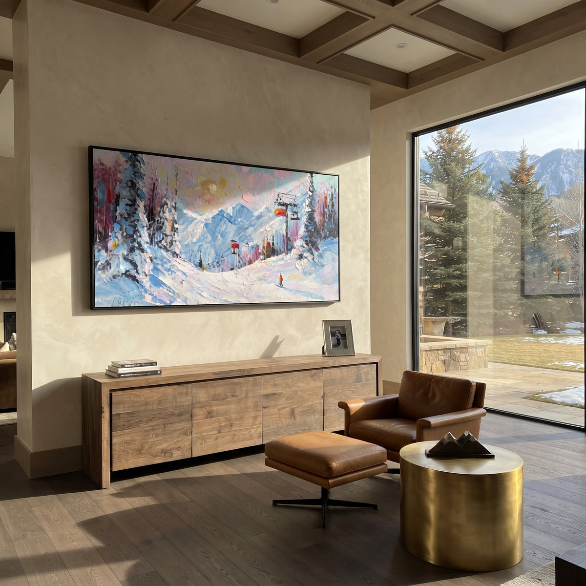 Pink Lift Alpine Village focuses on a pastel ski village scene with chairlifts, pink trees, blue peaks, and tiny skiers. The artwork shows a winter ski scene built from the actual image: visible downhill figures, curved snow tracks, raised ridgelines, and alpine space arranged in a wide composition. The pink, blue, white palette gives the piece a cold mountain atmosphere while the thick impasto surface creates shadows along each snowbank, ski line, and textured ridge. This is presented as