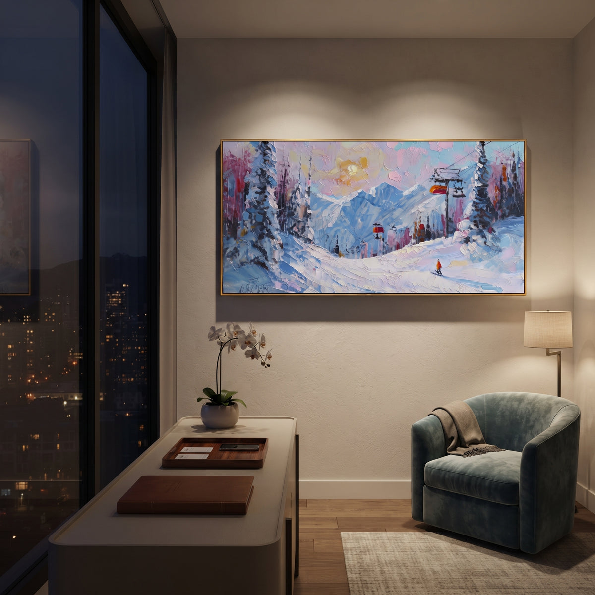 Pink Lift Alpine Village focuses on a pastel ski village scene with chairlifts, pink trees, blue peaks, and tiny skiers. The artwork shows a winter ski scene built from the actual image: visible downhill figures, curved snow tracks, raised ridgelines, and alpine space arranged in a wide composition. The pink, blue, white palette gives the piece a cold mountain atmosphere while the thick impasto surface creates shadows along each snowbank, ski line, and textured ridge. This is presented as