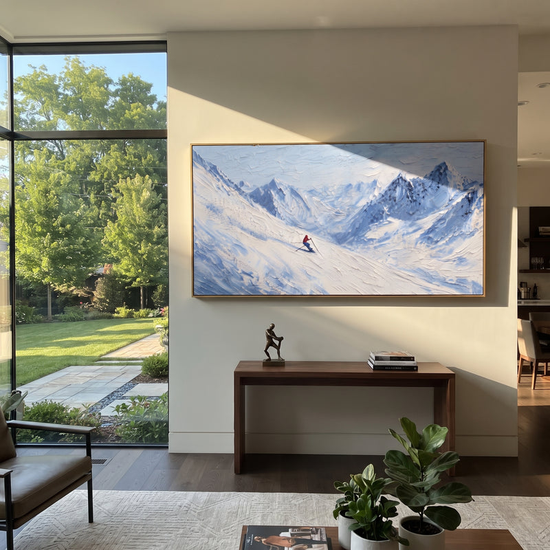 "Mountain Ski Traverse" - Modern Heavy Impasto Landscape Artwork | White & Gray Palette Knife Painting | Luxury Horizontal Wall Art #PT 2430