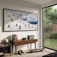 Forest Ski Tracks focuses on a broad winter slope filled with curved ski trails and miniature moving figures. The artwork shows a winter ski scene built from the actual image: visible downhill figures, curved snow tracks, raised ridgelines, and alpine space arranged in a wide composition. The white, green, blue palette gives the piece a cold mountain atmosphere while the thick impasto surface creates shadows along each snowbank, ski line, and textured ridge. This is presented as hand-painted