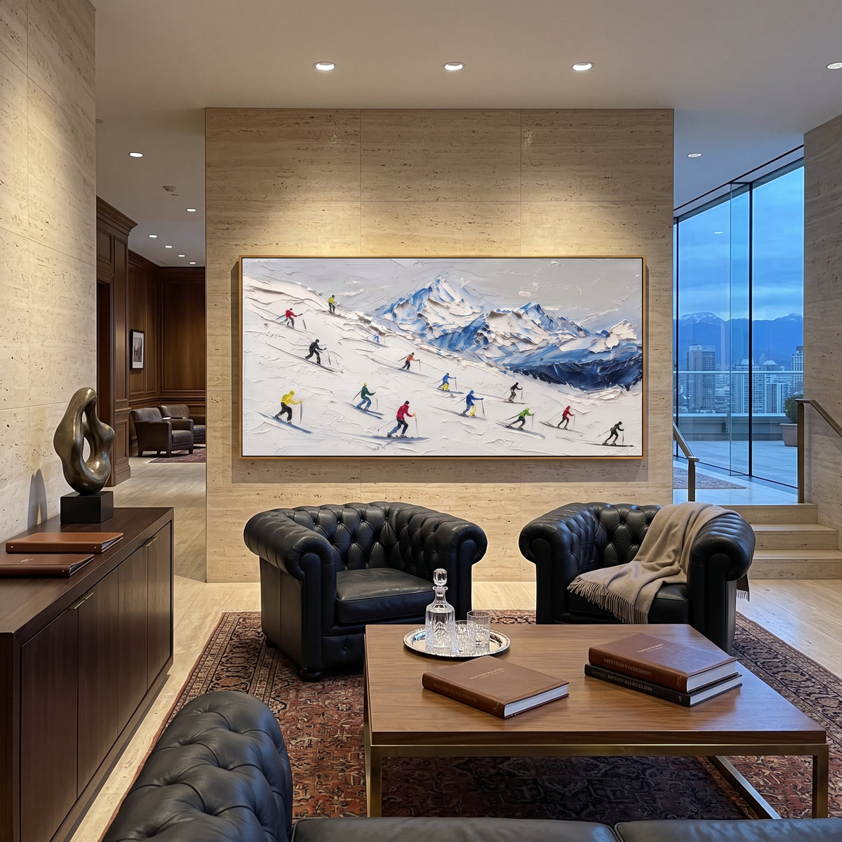 Forest Ski Tracks focuses on a broad winter slope filled with curved ski trails and miniature moving figures. The artwork shows a winter ski scene built from the actual image: visible downhill figures, curved snow tracks, raised ridgelines, and alpine space arranged in a wide composition. The white, green, blue palette gives the piece a cold mountain atmosphere while the thick impasto surface creates shadows along each snowbank, ski line, and textured ridge. This is presented as hand-painted