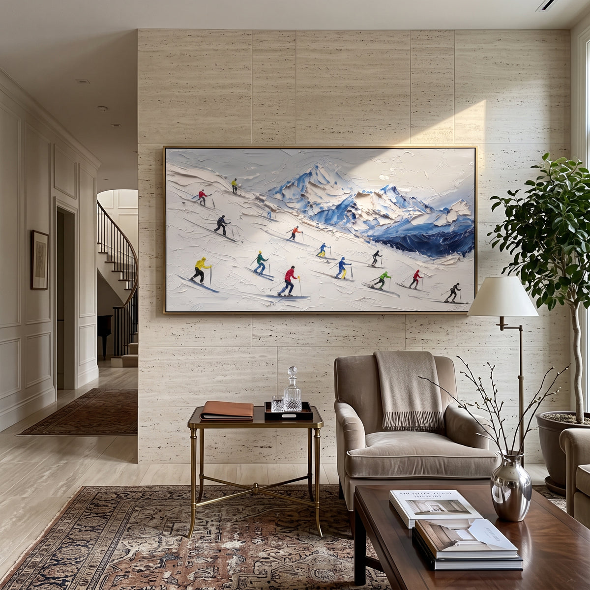 Forest Ski Tracks focuses on a broad winter slope filled with curved ski trails and miniature moving figures. The artwork shows a winter ski scene built from the actual image: visible downhill figures, curved snow tracks, raised ridgelines, and alpine space arranged in a wide composition. The white, green, blue palette gives the piece a cold mountain atmosphere while the thick impasto surface creates shadows along each snowbank, ski line, and textured ridge. This is presented as hand-painted