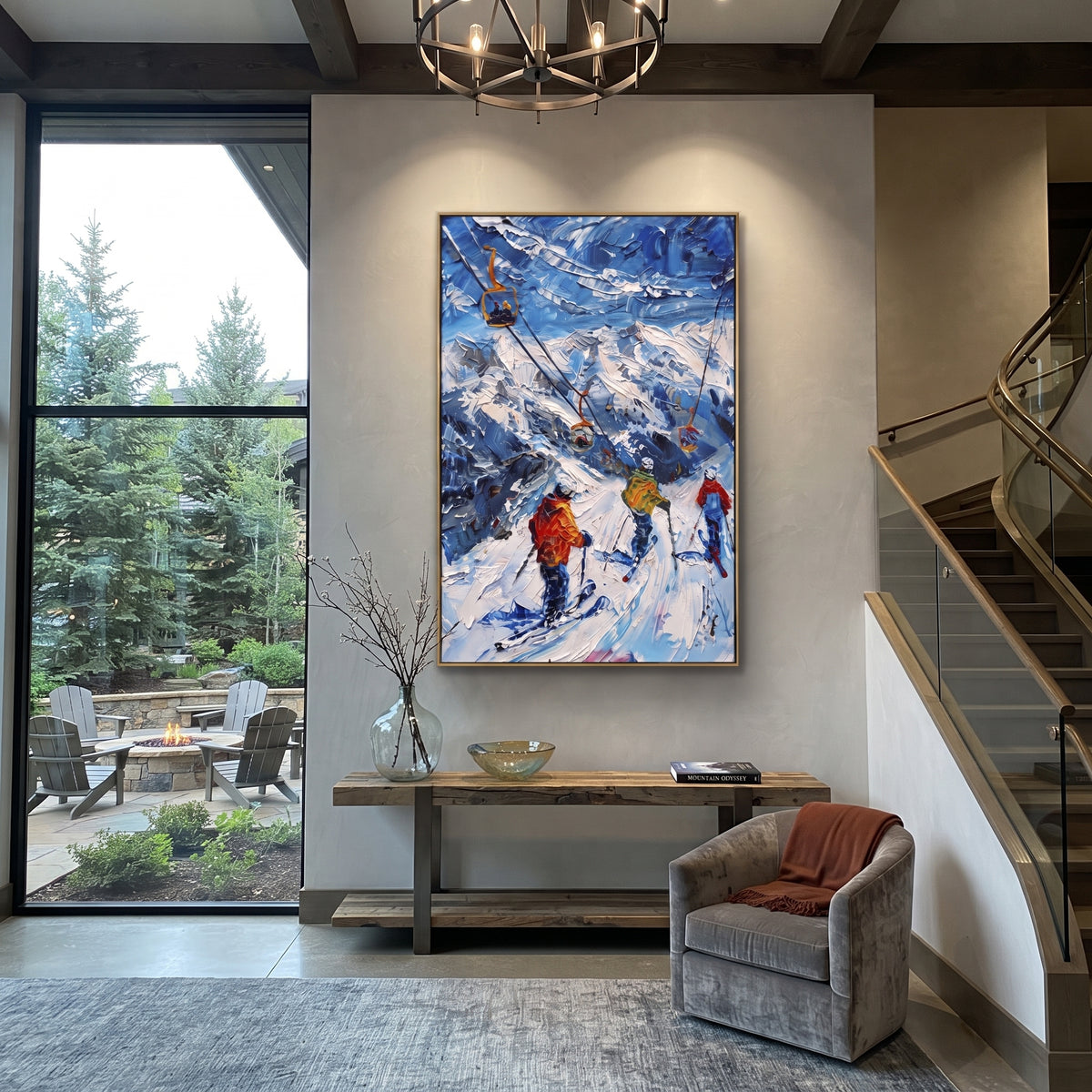 Chairlift Mountain Skiers focuses on orange ski lifts crossing a blue mountain slope with clustered skiers below. The artwork shows a winter ski scene built from the actual image: visible downhill figures, curved snow tracks, raised ridgelines, and alpine space arranged in a tall composition. The blue, white, orange palette gives the piece a cold mountain atmosphere while the thick impasto surface creates shadows along each snowbank, ski line, and textured ridge. This is presented as