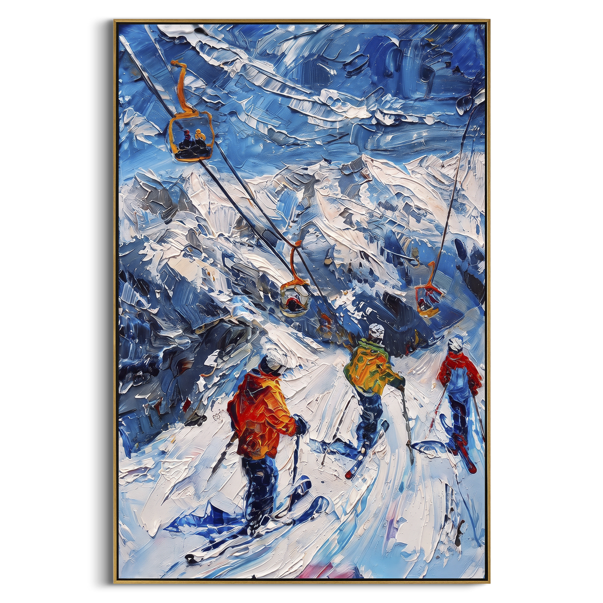 "Chairlift Mountain Skiers" - Modern Heavy Impasto Landscape Artwork | Blue & White Palette Knife Painting | Luxury Vertical Wall Art #PT 2432