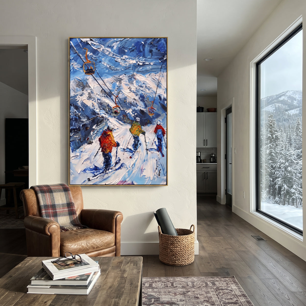 Chairlift Mountain Skiers focuses on orange ski lifts crossing a blue mountain slope with clustered skiers below. The artwork shows a winter ski scene built from the actual image: visible downhill figures, curved snow tracks, raised ridgelines, and alpine space arranged in a tall composition. The blue, white, orange palette gives the piece a cold mountain atmosphere while the thick impasto surface creates shadows along each snowbank, ski line, and textured ridge. This is presented as
