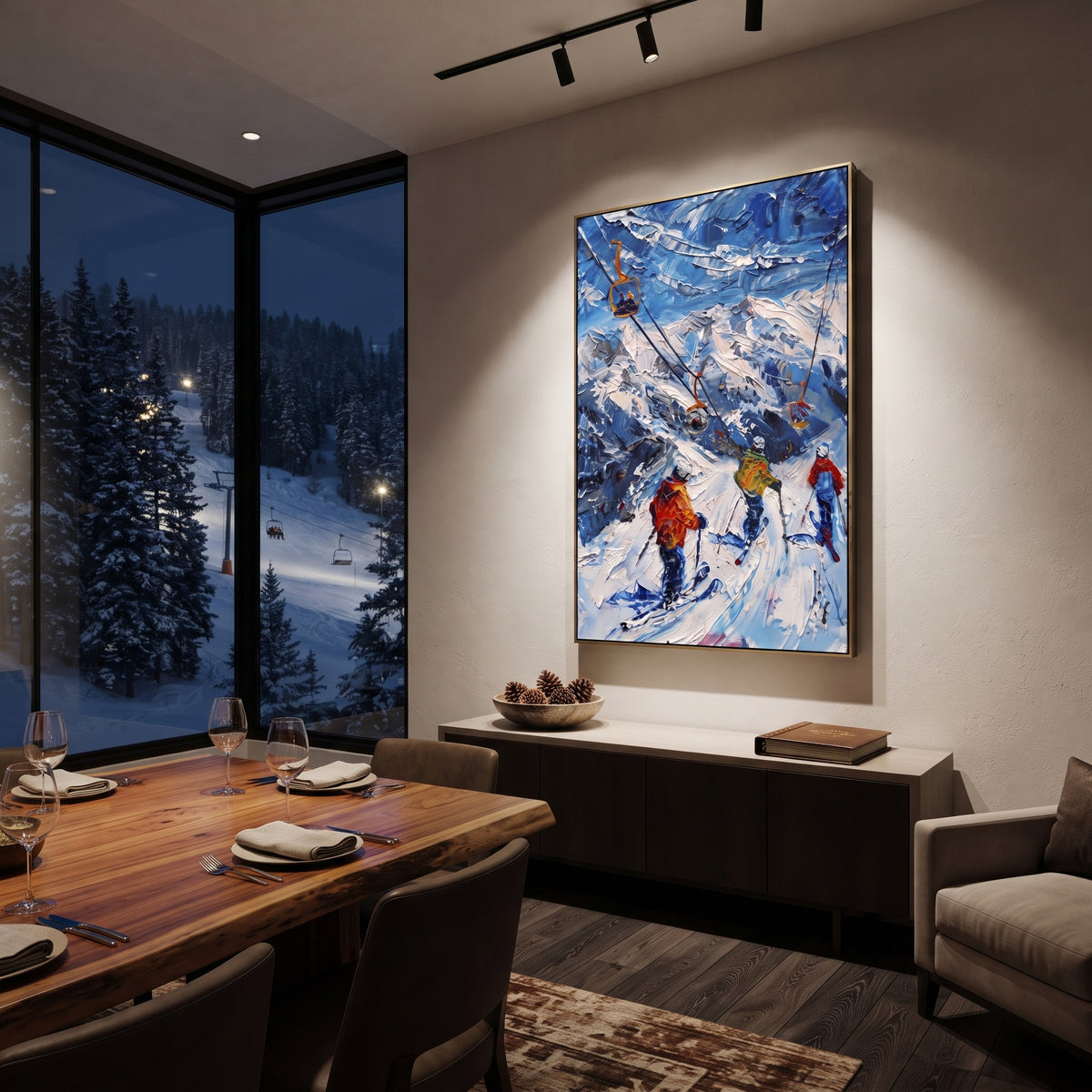 Chairlift Mountain Skiers focuses on orange ski lifts crossing a blue mountain slope with clustered skiers below. The artwork shows a winter ski scene built from the actual image: visible downhill figures, curved snow tracks, raised ridgelines, and alpine space arranged in a tall composition. The blue, white, orange palette gives the piece a cold mountain atmosphere while the thick impasto surface creates shadows along each snowbank, ski line, and textured ridge. This is presented as