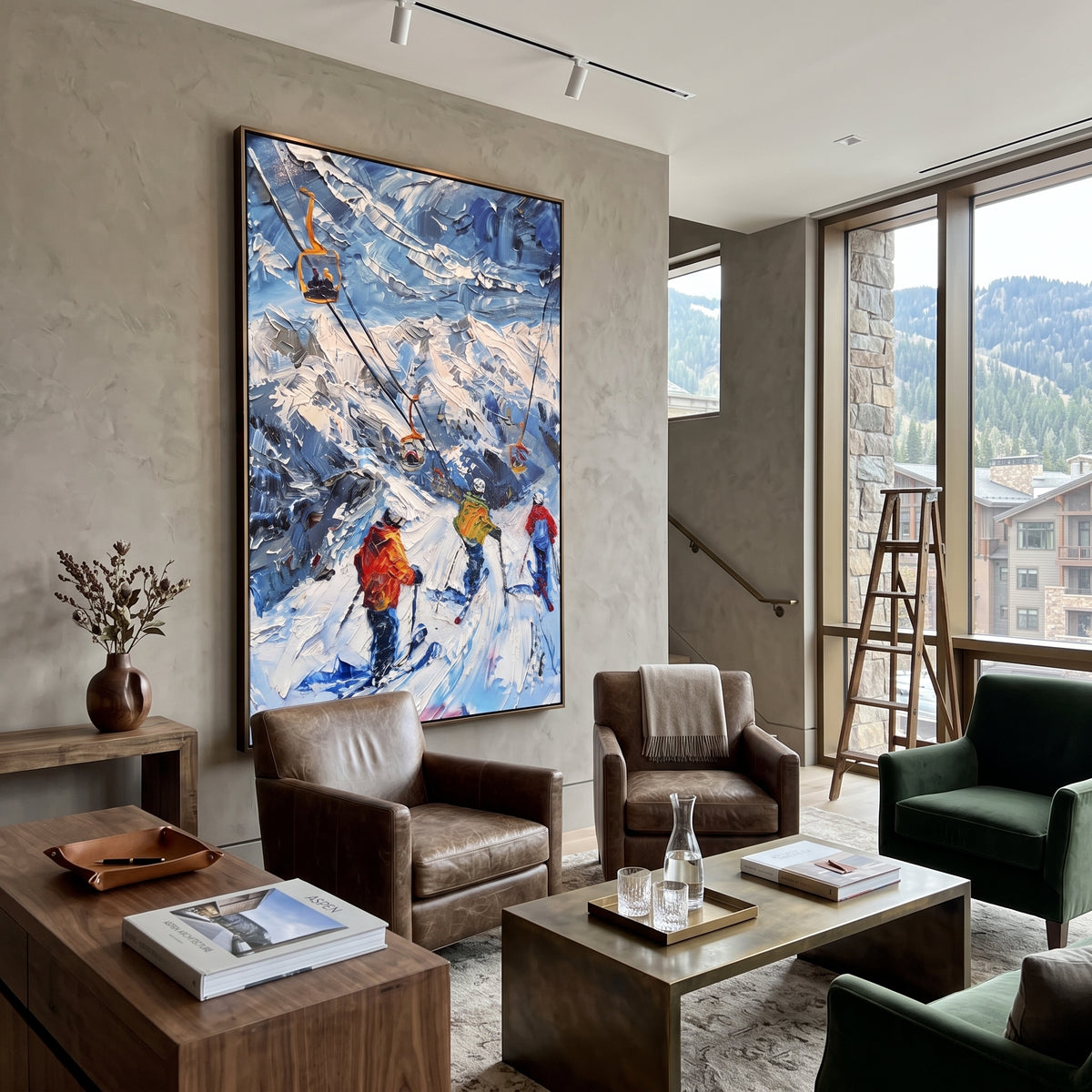 Chairlift Mountain Skiers focuses on orange ski lifts crossing a blue mountain slope with clustered skiers below. The artwork shows a winter ski scene built from the actual image: visible downhill figures, curved snow tracks, raised ridgelines, and alpine space arranged in a tall composition. The blue, white, orange palette gives the piece a cold mountain atmosphere while the thick impasto surface creates shadows along each snowbank, ski line, and textured ridge. This is presented as
