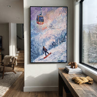 Gondola Snowboard Descent focuses on a snowboarder dropping under a red gondola through frosted blue trees. The artwork shows a winter ski scene built from the actual image: visible downhill figures, curved snow tracks, raised ridgelines, and alpine space arranged in a tall composition. The blue, white, red palette gives the piece a cold mountain atmosphere while the thick impasto surface creates shadows along each snowbank, ski line, and textured ridge. This is presented as hand-painted