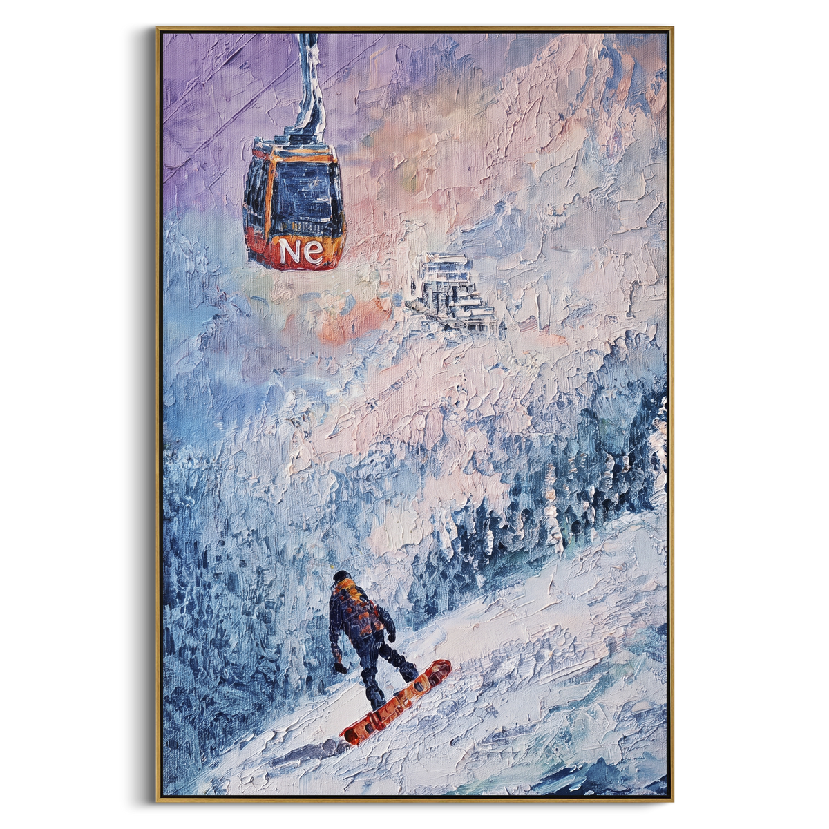 Gondola Snowboard Descent focuses on a snowboarder dropping under a red gondola through frosted blue trees. The artwork shows a winter ski scene built from the actual image: visible downhill figures, curved snow tracks, raised ridgelines, and alpine space arranged in a tall composition. The blue, white, red palette gives the piece a cold mountain atmosphere while the thick impasto surface creates shadows along each snowbank, ski line, and textured ridge. This is presented as hand-painted