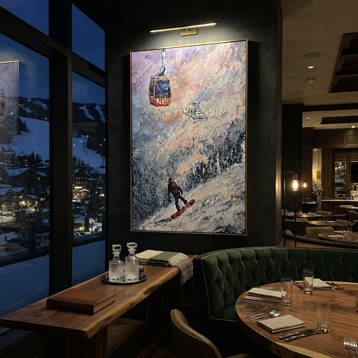 Gondola Snowboard Descent focuses on a snowboarder dropping under a red gondola through frosted blue trees. The artwork shows a winter ski scene built from the actual image: visible downhill figures, curved snow tracks, raised ridgelines, and alpine space arranged in a tall composition. The blue, white, red palette gives the piece a cold mountain atmosphere while the thick impasto surface creates shadows along each snowbank, ski line, and textured ridge. This is presented as hand-painted