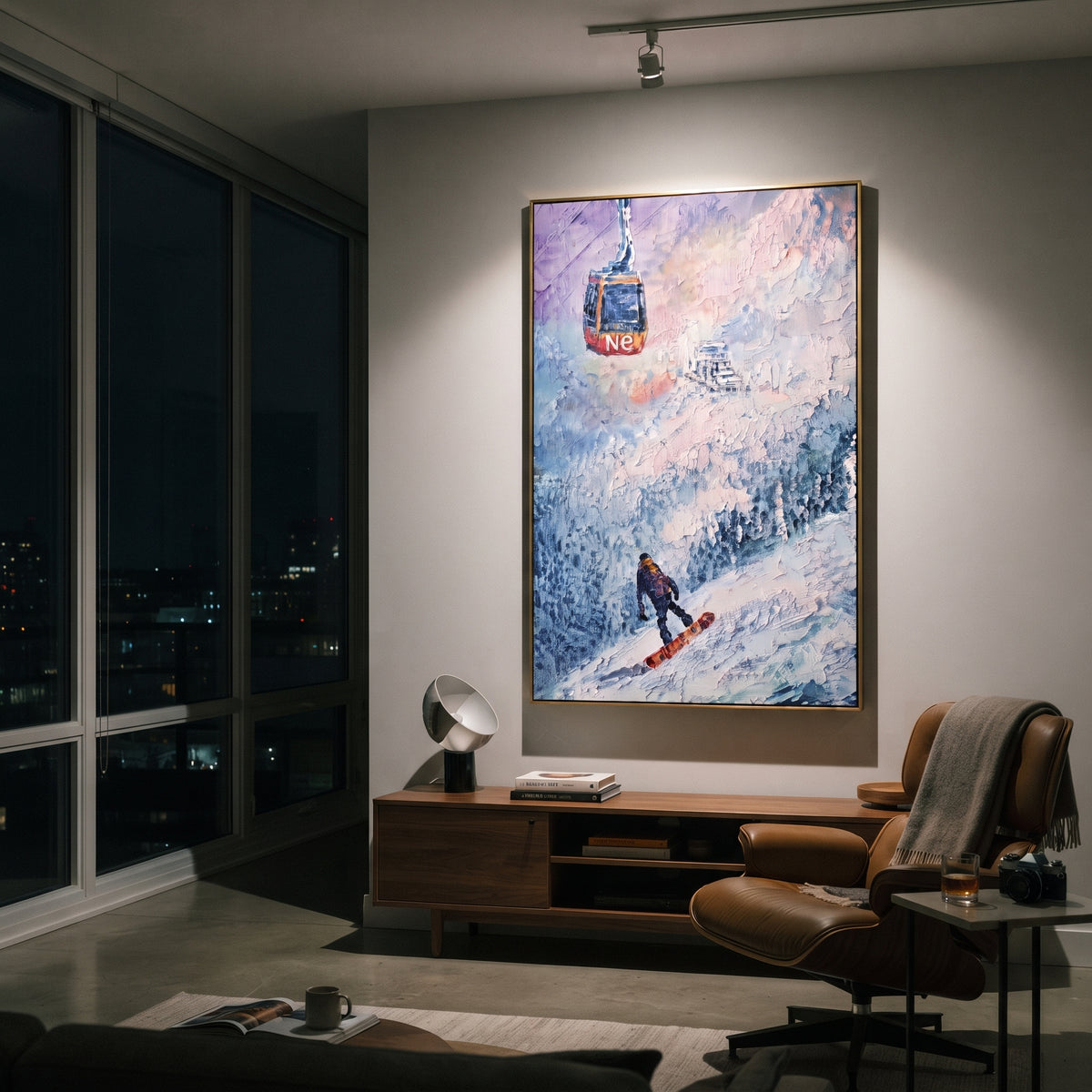 Gondola Snowboard Descent focuses on a snowboarder dropping under a red gondola through frosted blue trees. The artwork shows a winter ski scene built from the actual image: visible downhill figures, curved snow tracks, raised ridgelines, and alpine space arranged in a tall composition. The blue, white, red palette gives the piece a cold mountain atmosphere while the thick impasto surface creates shadows along each snowbank, ski line, and textured ridge. This is presented as hand-painted