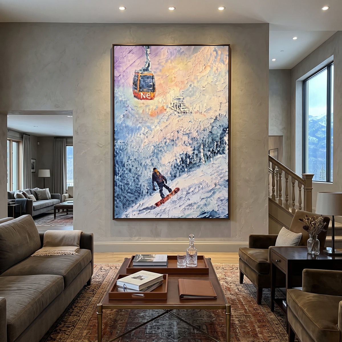 Gondola Snowboard Descent focuses on a snowboarder dropping under a red gondola through frosted blue trees. The artwork shows a winter ski scene built from the actual image: visible downhill figures, curved snow tracks, raised ridgelines, and alpine space arranged in a tall composition. The blue, white, red palette gives the piece a cold mountain atmosphere while the thick impasto surface creates shadows along each snowbank, ski line, and textured ridge. This is presented as hand-painted
