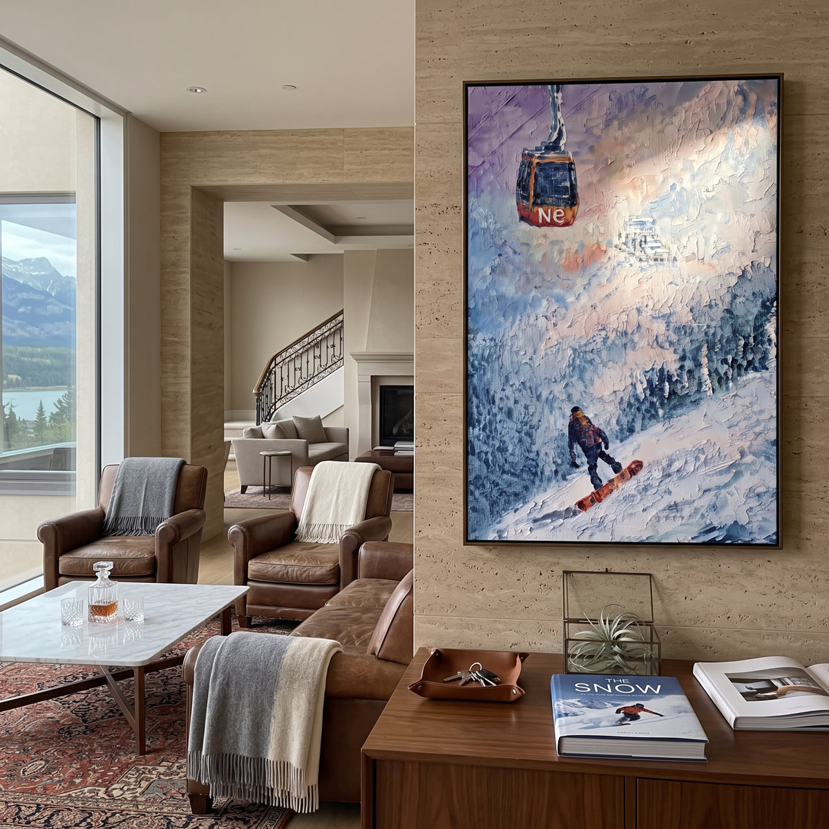 Gondola Snowboard Descent focuses on a snowboarder dropping under a red gondola through frosted blue trees. The artwork shows a winter ski scene built from the actual image: visible downhill figures, curved snow tracks, raised ridgelines, and alpine space arranged in a tall composition. The blue, white, red palette gives the piece a cold mountain atmosphere while the thick impasto surface creates shadows along each snowbank, ski line, and textured ridge. This is presented as hand-painted