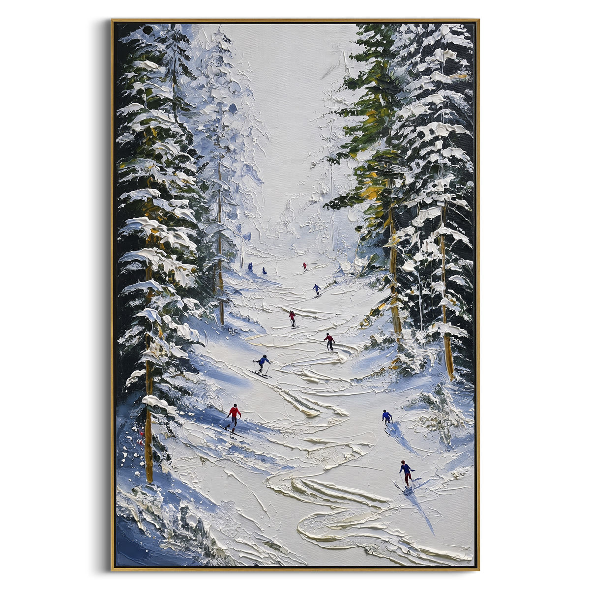 Snowfield Skiers With Pine Shadows focuses on colored skiers crossing raised white snow tracks between dark pine edges. The artwork shows a winter ski scene built from the actual image: visible downhill figures, curved snow tracks, raised ridgelines, and alpine space arranged in a tall composition. The white, beige, blue palette gives the piece a cold mountain atmosphere while the thick impasto surface creates shadows along each snowbank, ski line, and textured ridge. This is presented as