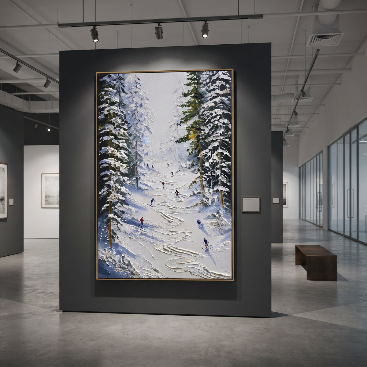 Snowfield Skiers With Pine Shadows focuses on colored skiers crossing raised white snow tracks between dark pine edges. The artwork shows a winter ski scene built from the actual image: visible downhill figures, curved snow tracks, raised ridgelines, and alpine space arranged in a tall composition. The white, beige, blue palette gives the piece a cold mountain atmosphere while the thick impasto surface creates shadows along each snowbank, ski line, and textured ridge. This is presented as