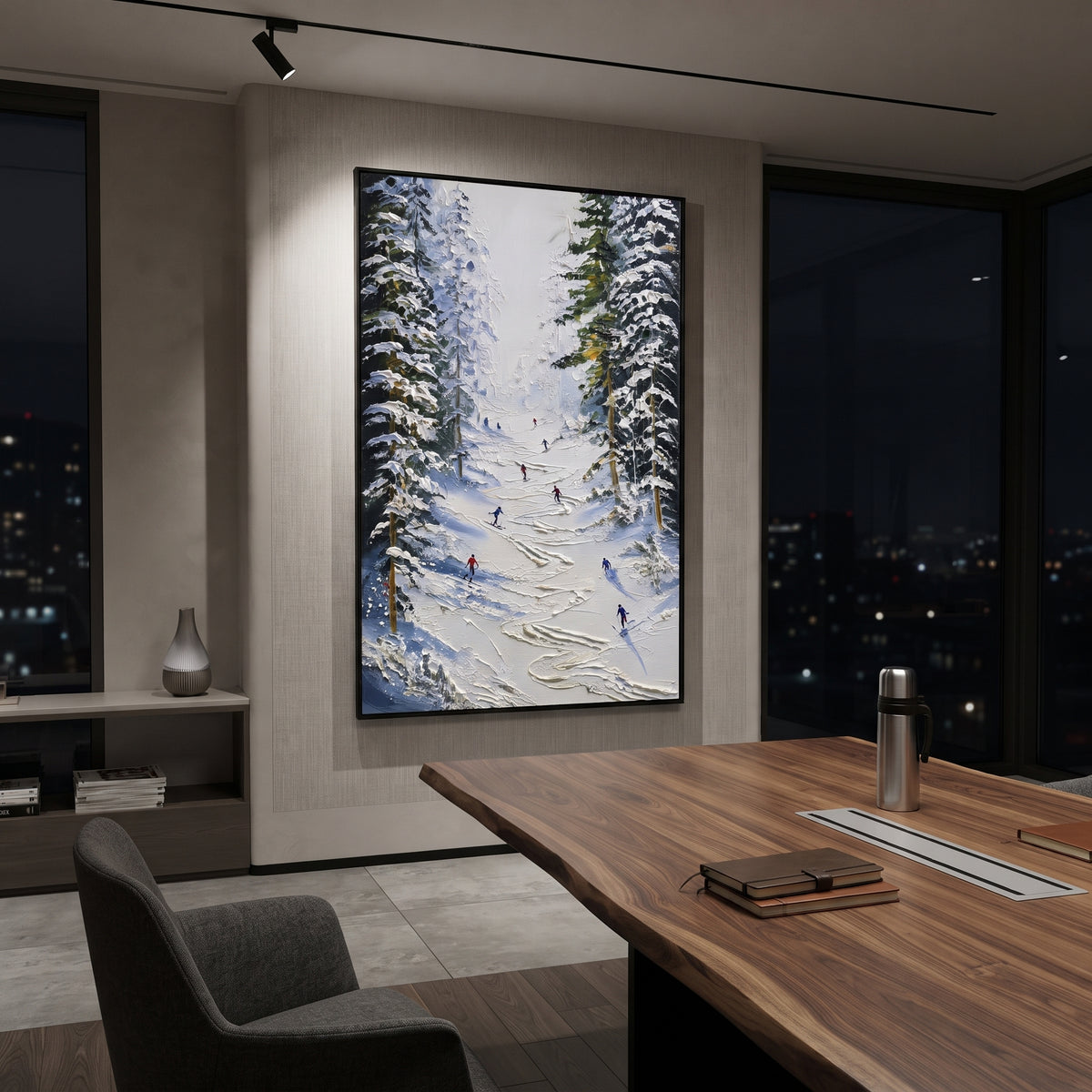 Snowfield Skiers With Pine Shadows focuses on colored skiers crossing raised white snow tracks between dark pine edges. The artwork shows a winter ski scene built from the actual image: visible downhill figures, curved snow tracks, raised ridgelines, and alpine space arranged in a tall composition. The white, beige, blue palette gives the piece a cold mountain atmosphere while the thick impasto surface creates shadows along each snowbank, ski line, and textured ridge. This is presented as