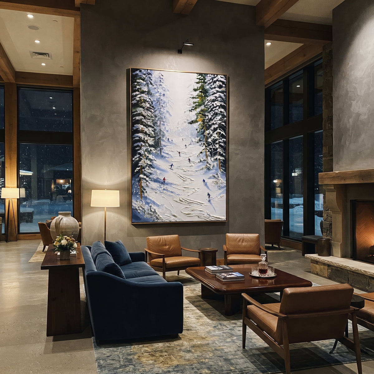 Snowfield Skiers With Pine Shadows focuses on colored skiers crossing raised white snow tracks between dark pine edges. The artwork shows a winter ski scene built from the actual image: visible downhill figures, curved snow tracks, raised ridgelines, and alpine space arranged in a tall composition. The white, beige, blue palette gives the piece a cold mountain atmosphere while the thick impasto surface creates shadows along each snowbank, ski line, and textured ridge. This is presented as