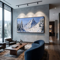 Frosted Powder Path focuses on a broad winter slope filled with curved ski trails and miniature moving figures. The artwork shows a winter ski scene built from the actual image: visible downhill figures, curved snow tracks, raised ridgelines, and alpine space arranged in a wide composition. The white, blue, gray palette gives the piece a cold mountain atmosphere while the thick impasto surface creates shadows along each snowbank, ski line, and textured ridge. This is presented as hand-painted