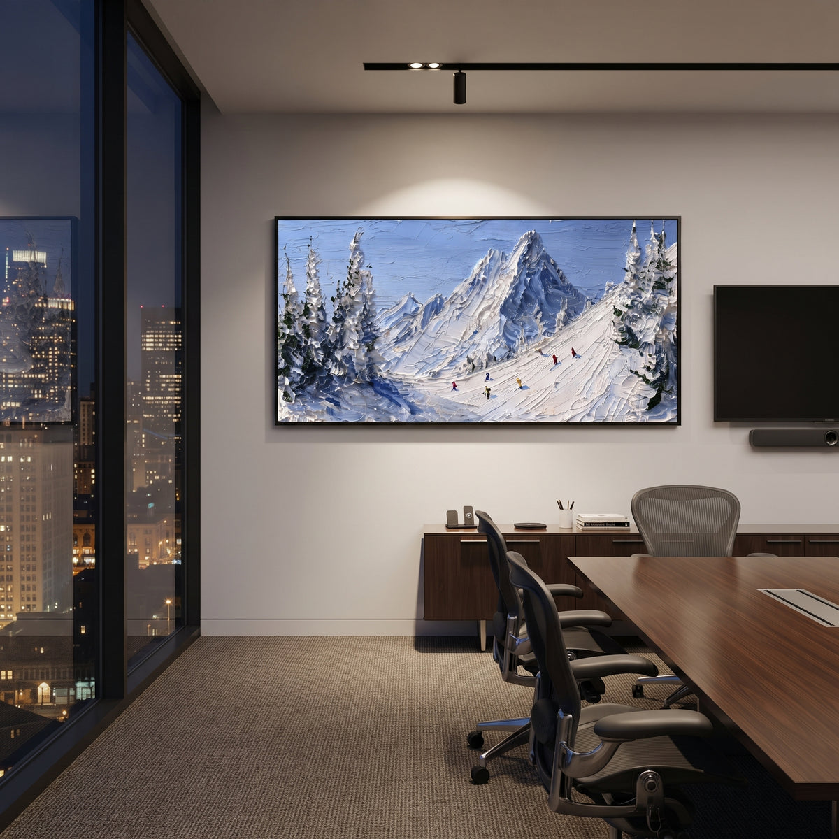 Frosted Powder Path focuses on a broad winter slope filled with curved ski trails and miniature moving figures. The artwork shows a winter ski scene built from the actual image: visible downhill figures, curved snow tracks, raised ridgelines, and alpine space arranged in a wide composition. The white, blue, gray palette gives the piece a cold mountain atmosphere while the thick impasto surface creates shadows along each snowbank, ski line, and textured ridge. This is presented as hand-painted