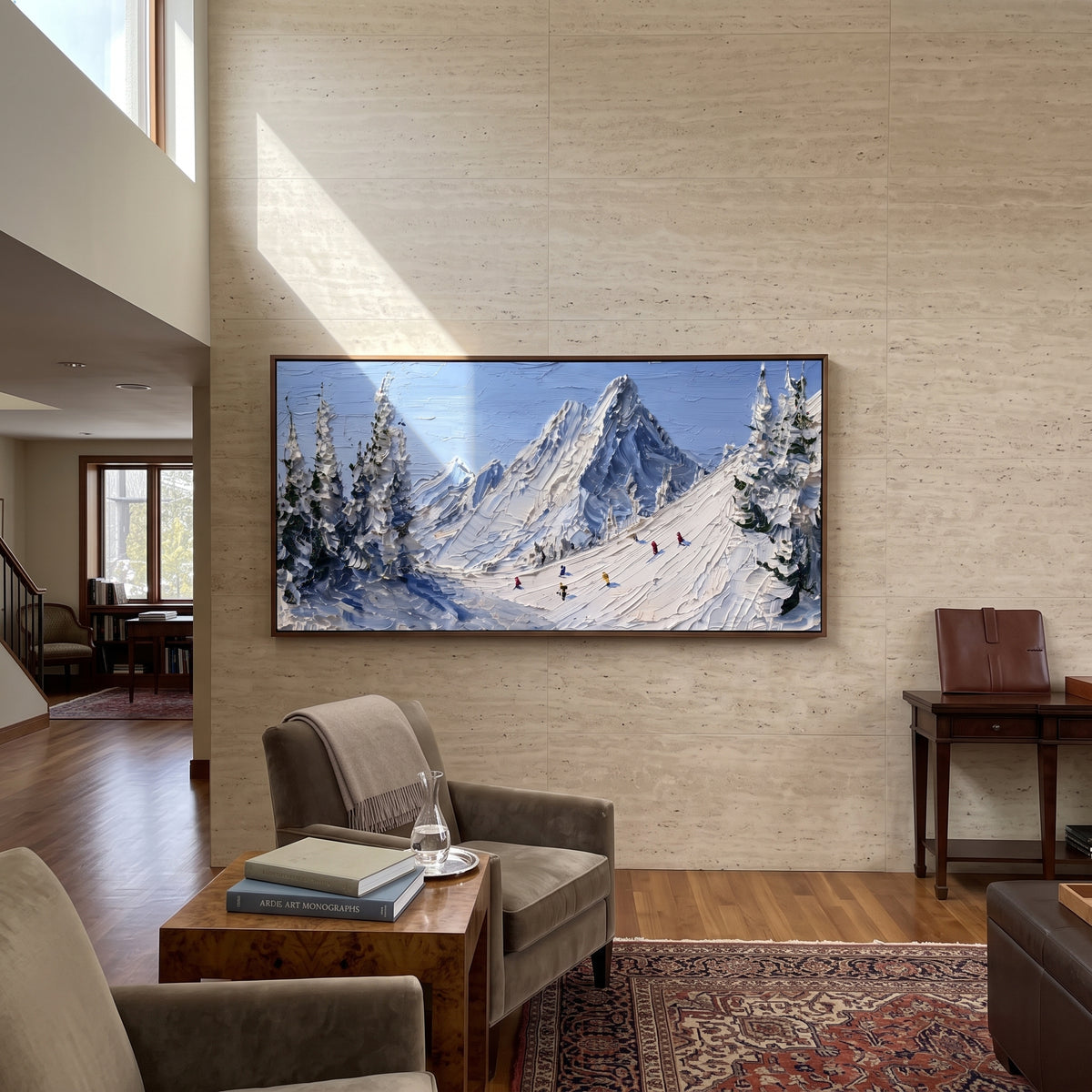 Frosted Powder Path focuses on a broad winter slope filled with curved ski trails and miniature moving figures. The artwork shows a winter ski scene built from the actual image: visible downhill figures, curved snow tracks, raised ridgelines, and alpine space arranged in a wide composition. The white, blue, gray palette gives the piece a cold mountain atmosphere while the thick impasto surface creates shadows along each snowbank, ski line, and textured ridge. This is presented as hand-painted