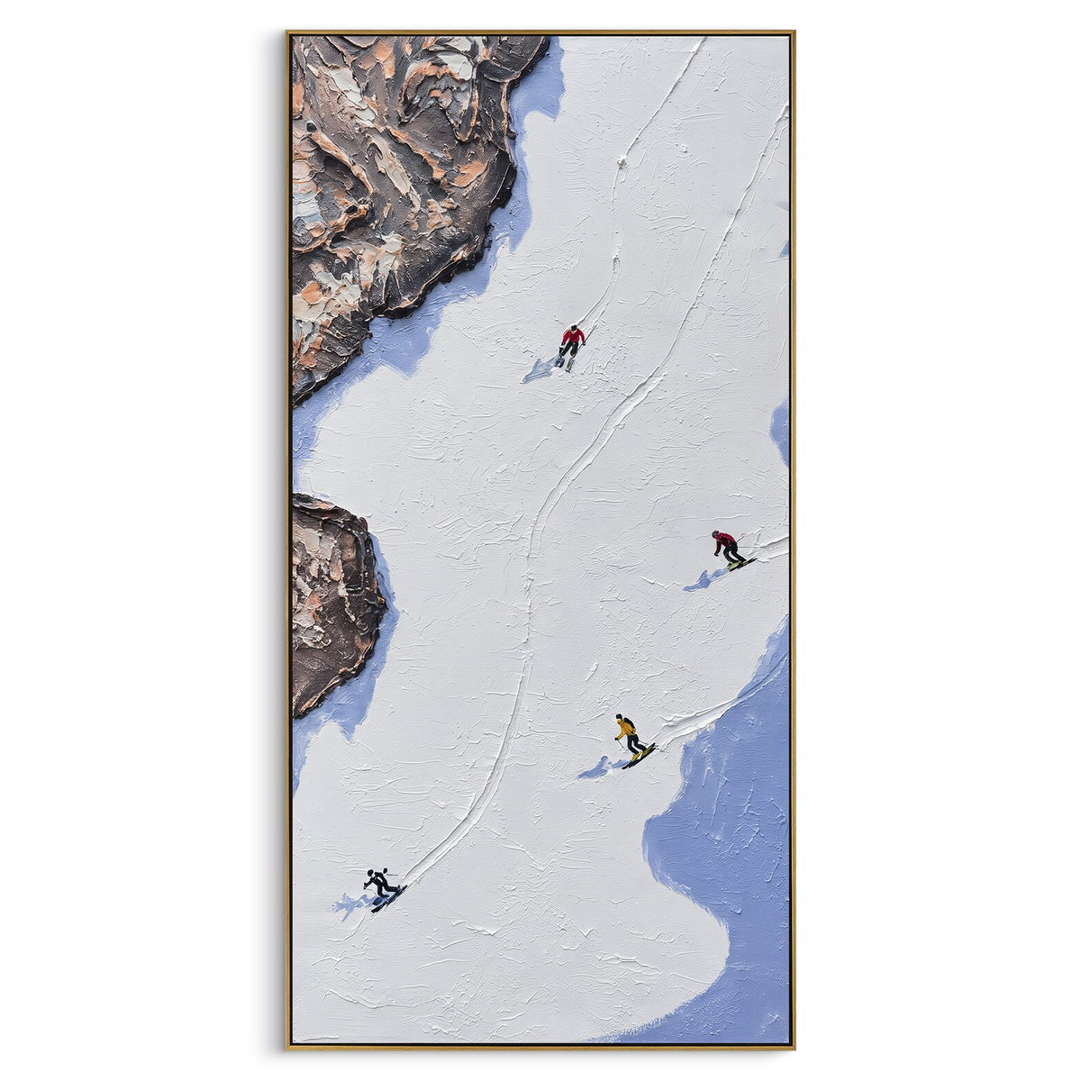 Summit Ski Valley With Pine Shadows focuses on soft gray snowfields broken by colorful skiers and thick ridge texture. The artwork shows a winter ski scene built from the actual image: visible downhill figures, curved snow tracks, raised ridgelines, and alpine space arranged in a tall composition. The white, gray, blue palette gives the piece a cold mountain atmosphere while the thick impasto surface creates shadows along each snowbank, ski line, and textured ridge. This is presented as