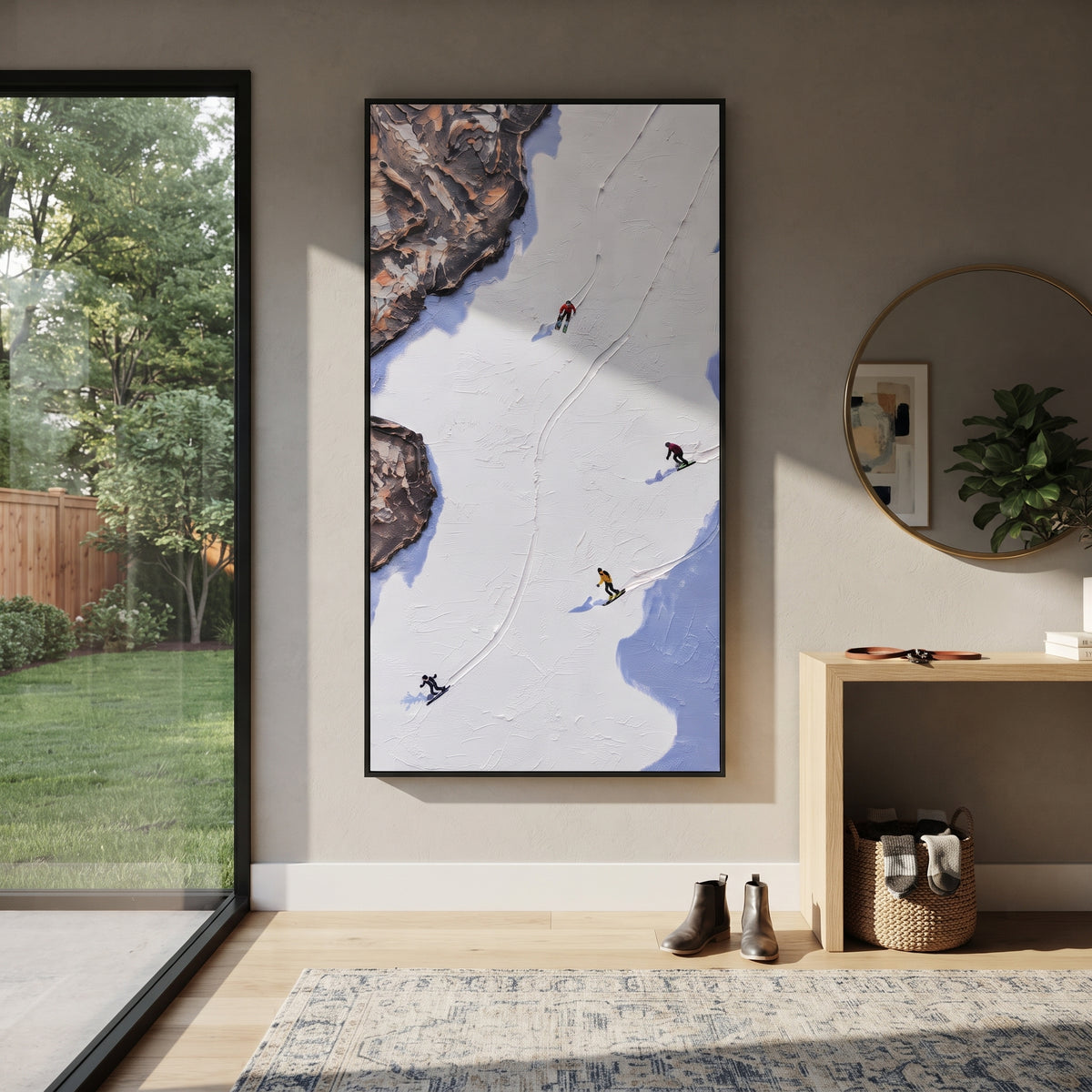 Summit Ski Valley With Pine Shadows focuses on soft gray snowfields broken by colorful skiers and thick ridge texture. The artwork shows a winter ski scene built from the actual image: visible downhill figures, curved snow tracks, raised ridgelines, and alpine space arranged in a tall composition. The white, gray, blue palette gives the piece a cold mountain atmosphere while the thick impasto surface creates shadows along each snowbank, ski line, and textured ridge. This is presented as