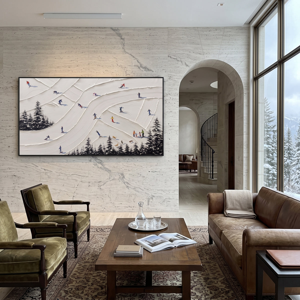 Pine Skiers With Pine Shadows focuses on overlapping white ridges and skiers placed at different depths across the slope. The artwork shows a winter ski scene built from the actual image: visible downhill figures, curved snow tracks, raised ridgelines, and alpine space arranged in a wide composition. The white, green, blue palette gives the piece a cold mountain atmosphere while the thick impasto surface creates shadows along each snowbank, ski line, and textured ridge. This is presented as