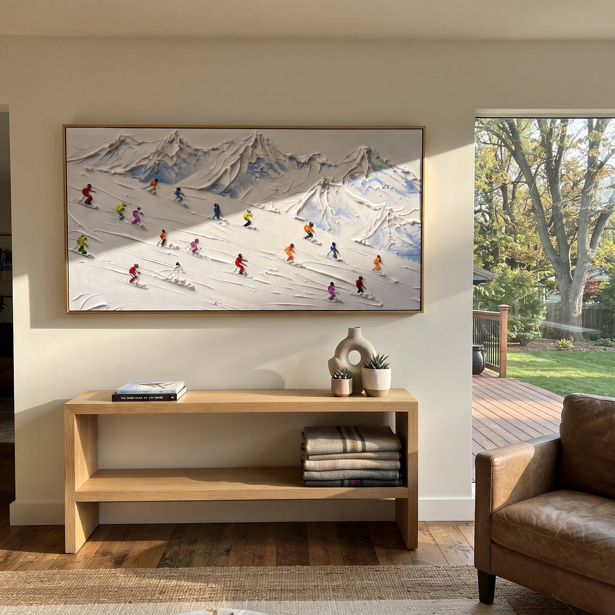 Glacier Pine Slope With Pine Shadows focuses on small downhill figures moving over carved impasto snow channels and soft blue shadows. The artwork shows a winter ski scene built from the actual image: visible downhill figures, curved snow tracks, raised ridgelines, and alpine space arranged in a wide composition. The white, black, gray palette gives the piece a cold mountain atmosphere while the thick impasto surface creates shadows along each snowbank, ski line, and textured ridge. This is