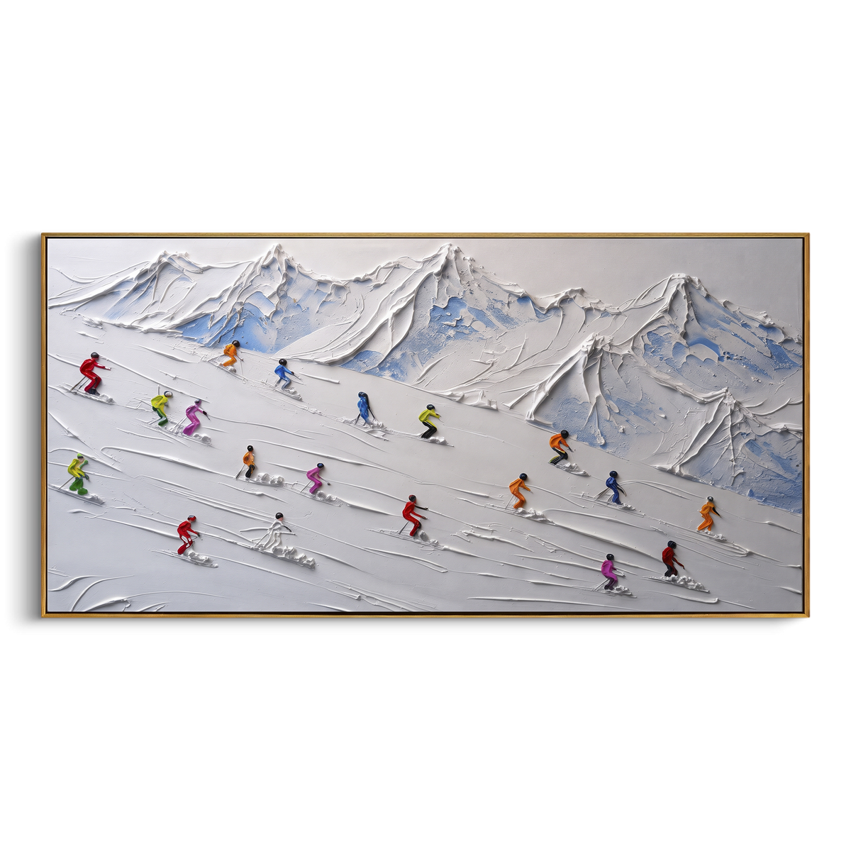 Glacier Pine Slope With Pine Shadows focuses on small downhill figures moving over carved impasto snow channels and soft blue shadows. The artwork shows a winter ski scene built from the actual image: visible downhill figures, curved snow tracks, raised ridgelines, and alpine space arranged in a wide composition. The white, black, gray palette gives the piece a cold mountain atmosphere while the thick impasto surface creates shadows along each snowbank, ski line, and textured ridge. This is