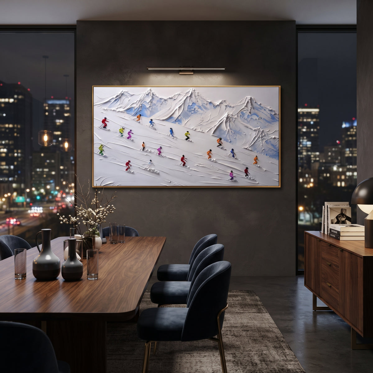Glacier Pine Slope With Pine Shadows focuses on small downhill figures moving over carved impasto snow channels and soft blue shadows. The artwork shows a winter ski scene built from the actual image: visible downhill figures, curved snow tracks, raised ridgelines, and alpine space arranged in a wide composition. The white, black, gray palette gives the piece a cold mountain atmosphere while the thick impasto surface creates shadows along each snowbank, ski line, and textured ridge. This is