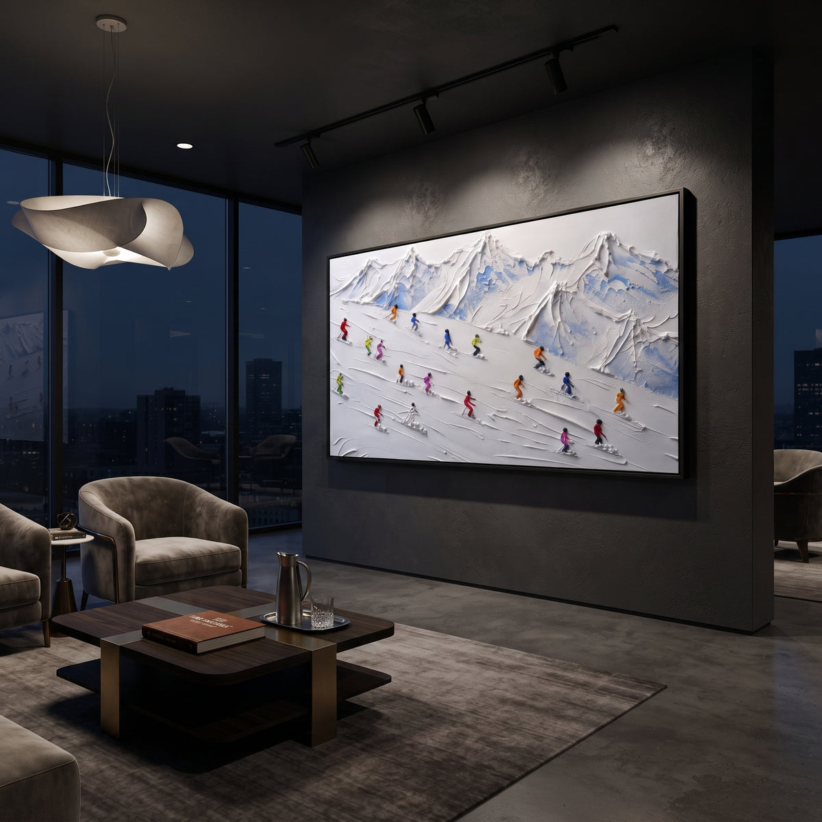 Glacier Pine Slope With Pine Shadows focuses on small downhill figures moving over carved impasto snow channels and soft blue shadows. The artwork shows a winter ski scene built from the actual image: visible downhill figures, curved snow tracks, raised ridgelines, and alpine space arranged in a wide composition. The white, black, gray palette gives the piece a cold mountain atmosphere while the thick impasto surface creates shadows along each snowbank, ski line, and textured ridge. This is