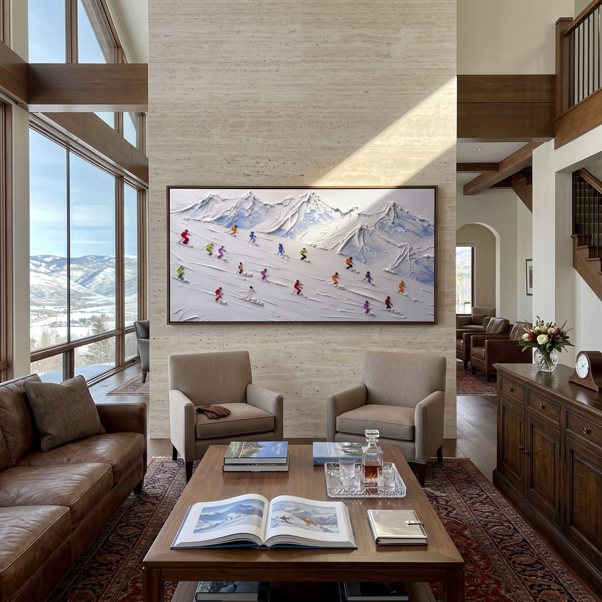 Glacier Pine Slope With Pine Shadows focuses on small downhill figures moving over carved impasto snow channels and soft blue shadows. The artwork shows a winter ski scene built from the actual image: visible downhill figures, curved snow tracks, raised ridgelines, and alpine space arranged in a wide composition. The white, black, gray palette gives the piece a cold mountain atmosphere while the thick impasto surface creates shadows along each snowbank, ski line, and textured ridge. This is