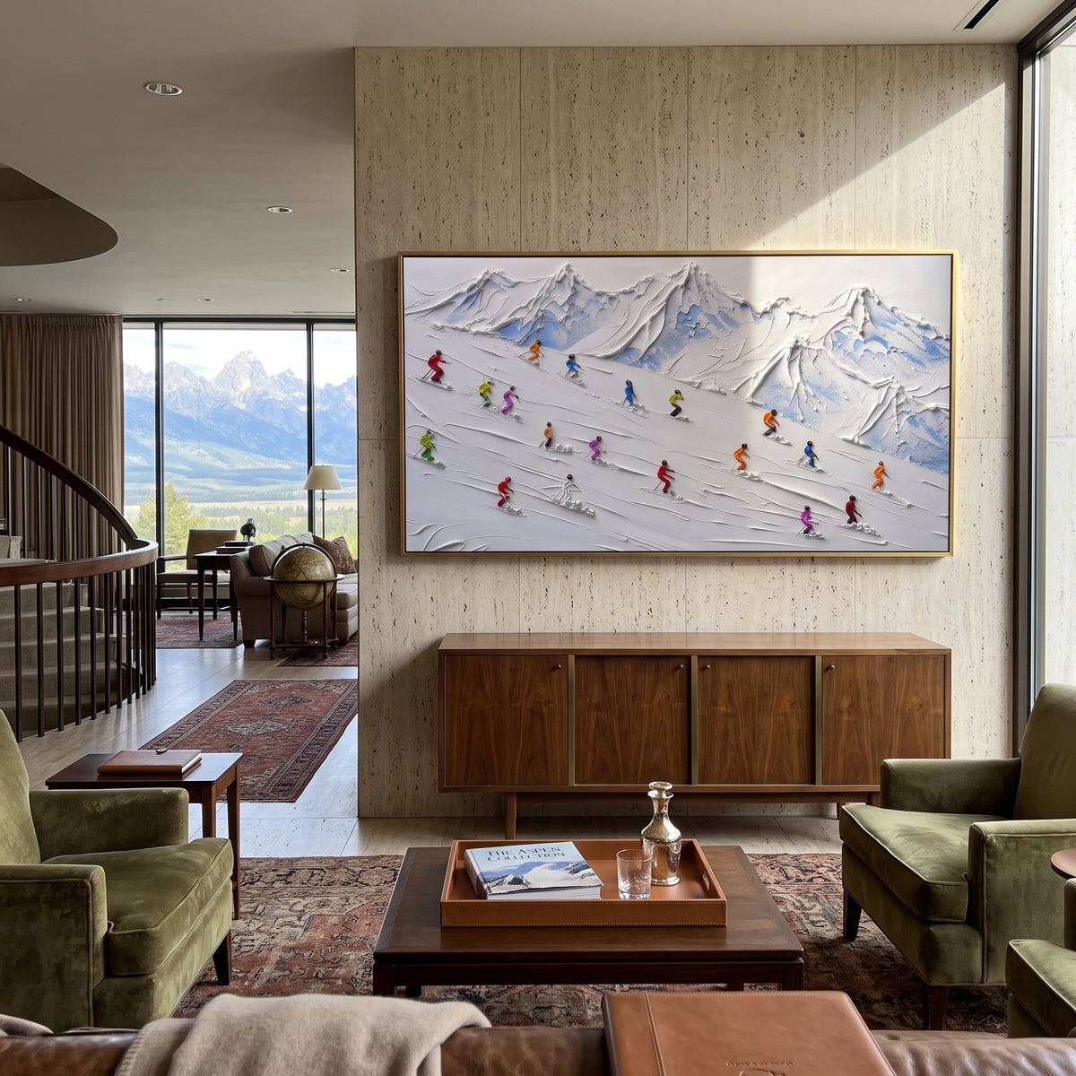Glacier Pine Slope With Pine Shadows focuses on small downhill figures moving over carved impasto snow channels and soft blue shadows. The artwork shows a winter ski scene built from the actual image: visible downhill figures, curved snow tracks, raised ridgelines, and alpine space arranged in a wide composition. The white, black, gray palette gives the piece a cold mountain atmosphere while the thick impasto surface creates shadows along each snowbank, ski line, and textured ridge. This is