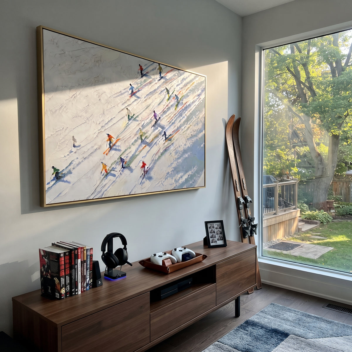 Winter Alpine Descent With Pine Shadows focuses on a broad winter slope filled with curved ski trails and miniature moving figures. The artwork shows a winter ski scene built from the actual image: visible downhill figures, curved snow tracks, raised ridgelines, and alpine space arranged in a wide composition. The white, beige, blue palette gives the piece a cold mountain atmosphere while the thick impasto surface creates shadows along each snowbank, ski line, and textured ridge. This is