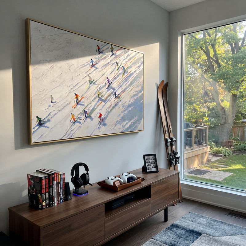 "Winter Alpine Descent With Pine Shadows" - Modern Heavy Impasto Landscape Artwork | White & Beige Palette Knife Painting | Luxury Horizontal Wall Art #PT 2439