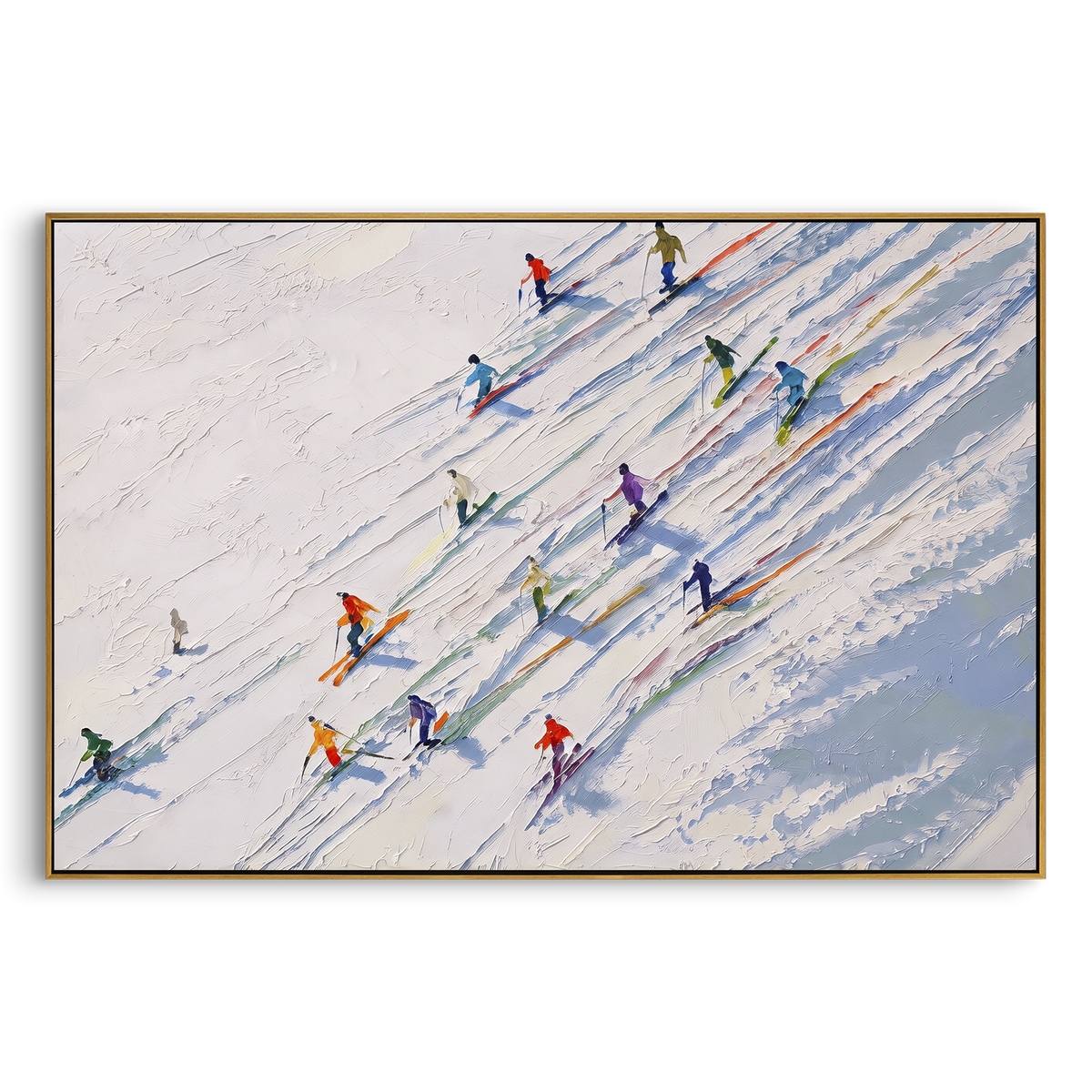 Winter Alpine Descent With Pine Shadows focuses on a broad winter slope filled with curved ski trails and miniature moving figures. The artwork shows a winter ski scene built from the actual image: visible downhill figures, curved snow tracks, raised ridgelines, and alpine space arranged in a wide composition. The white, beige, blue palette gives the piece a cold mountain atmosphere while the thick impasto surface creates shadows along each snowbank, ski line, and textured ridge. This is