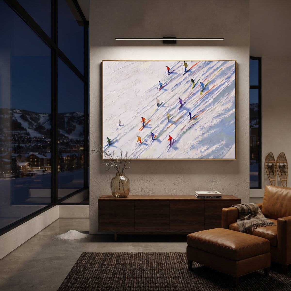 Winter Alpine Descent With Pine Shadows focuses on a broad winter slope filled with curved ski trails and miniature moving figures. The artwork shows a winter ski scene built from the actual image: visible downhill figures, curved snow tracks, raised ridgelines, and alpine space arranged in a wide composition. The white, beige, blue palette gives the piece a cold mountain atmosphere while the thick impasto surface creates shadows along each snowbank, ski line, and textured ridge. This is