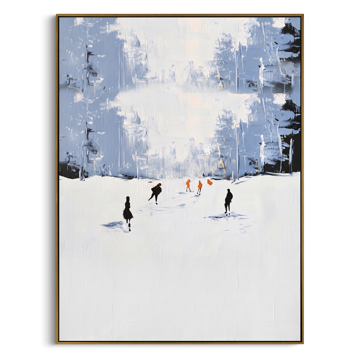 Ridge Texture Run With Pine Shadows focuses on soft gray snowfields broken by colorful skiers and thick ridge texture. The artwork shows a winter ski scene built from the actual image: visible downhill figures, curved snow tracks, raised ridgelines, and alpine space arranged in a tall composition. The blue, white, orange palette gives the piece a cold mountain atmosphere while the thick impasto surface creates shadows along each snowbank, ski line, and textured ridge. This is presented as