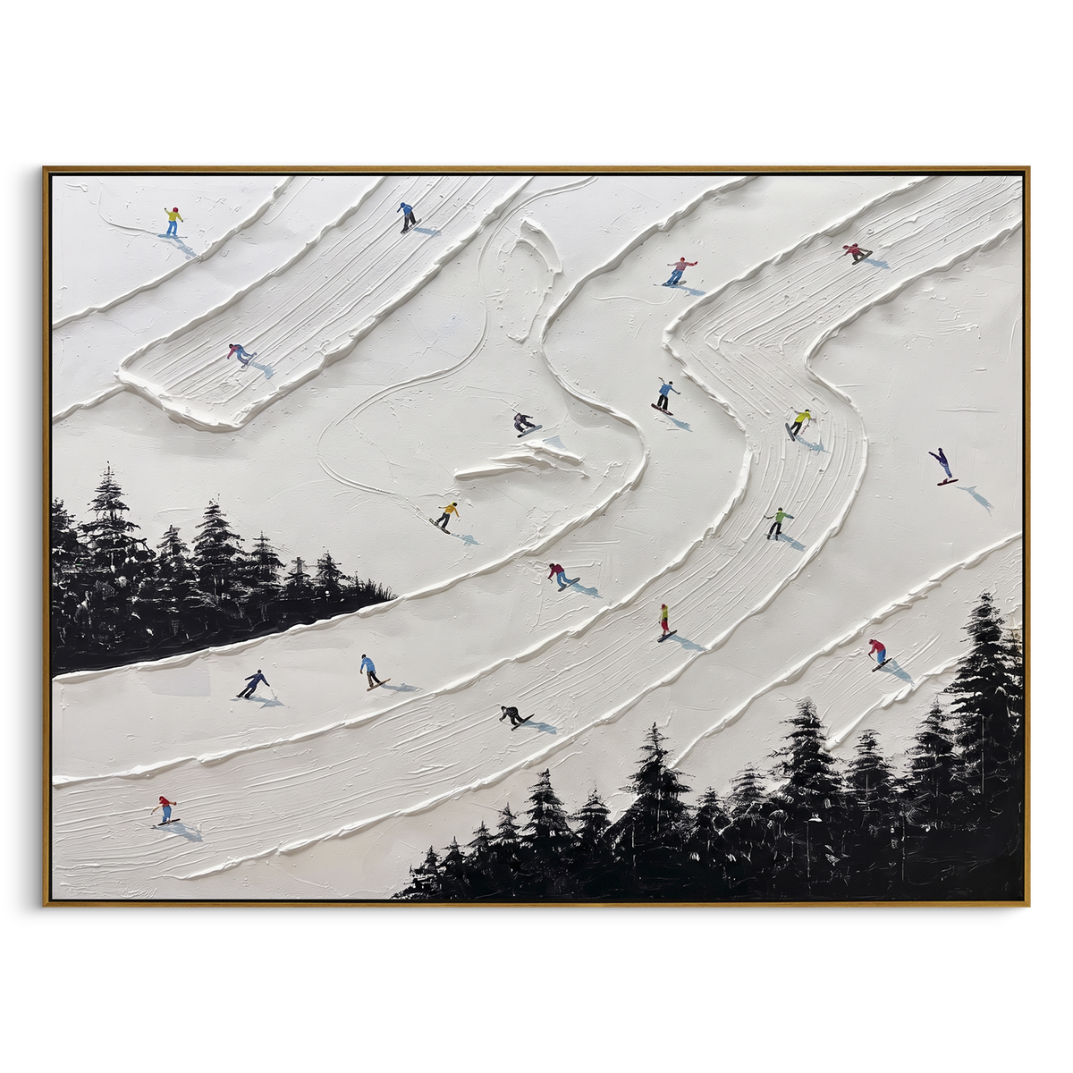 "White Ridge Skiers With Pine Shadows" - Modern Heavy Impasto Landscape Artwork | White & Blue Palette Knife Painting | Luxury Horizontal Wall Art #PT 2441