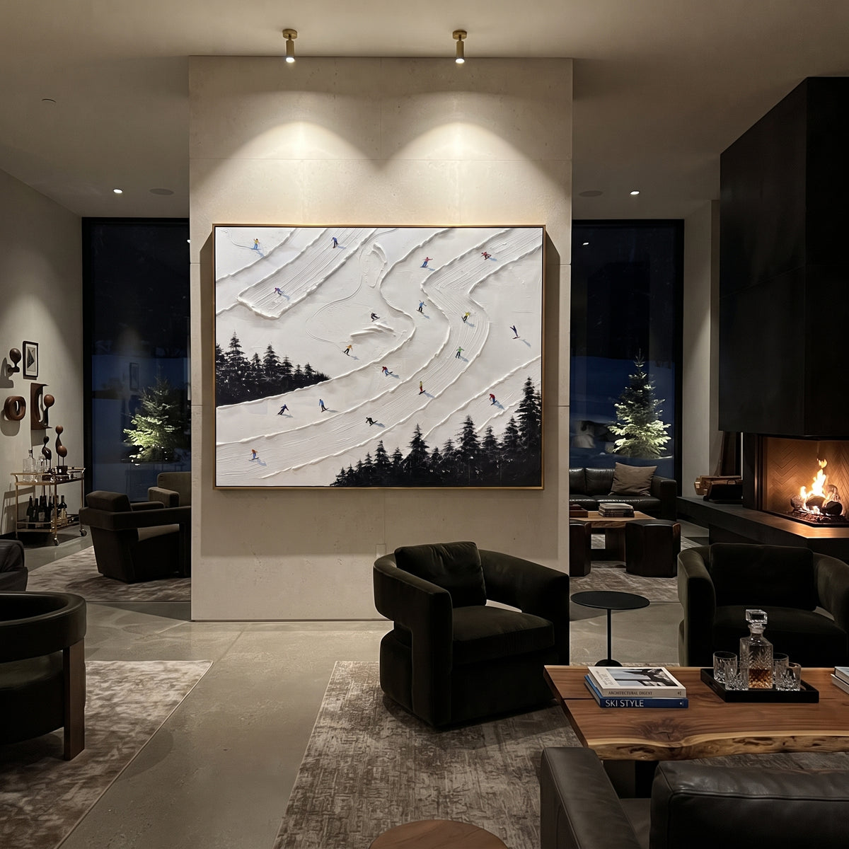 White Ridge Skiers With Pine Shadows focuses on overlapping white ridges and skiers placed at different depths across the slope. The artwork shows a winter ski scene built from the actual image: visible downhill figures, curved snow tracks, raised ridgelines, and alpine space arranged in a wide composition. The white, blue, gray palette gives the piece a cold mountain atmosphere while the thick impasto surface creates shadows along each snowbank, ski line, and textured ridge. This is presented