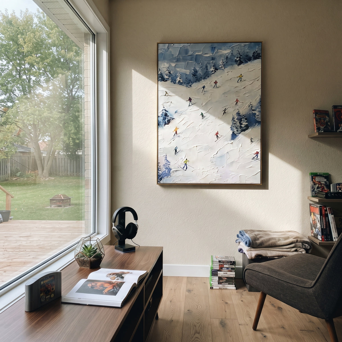 Quiet Snow Corridors With Pine Shadows focuses on a broad winter slope filled with curved ski trails and miniature moving figures. The artwork shows a winter ski scene built from the actual image: visible downhill figures, curved snow tracks, raised ridgelines, and alpine space arranged in a tall composition. The white, green, blue palette gives the piece a cold mountain atmosphere while the thick impasto surface creates shadows along each snowbank, ski line, and textured ridge. This is
