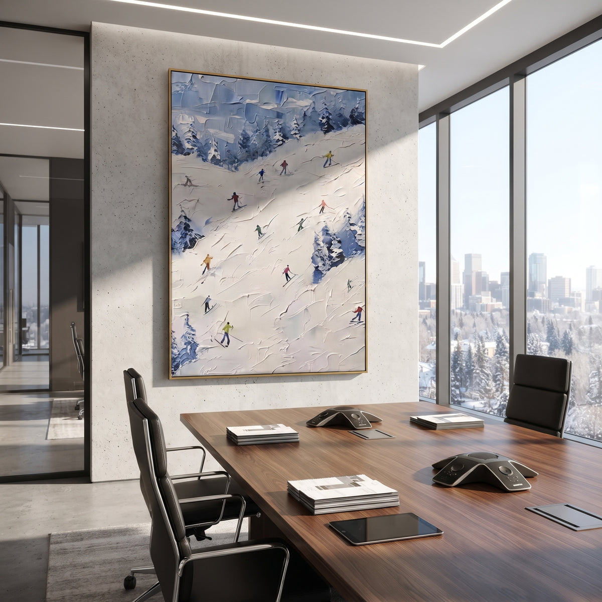 Quiet Snow Corridors With Pine Shadows focuses on a broad winter slope filled with curved ski trails and miniature moving figures. The artwork shows a winter ski scene built from the actual image: visible downhill figures, curved snow tracks, raised ridgelines, and alpine space arranged in a tall composition. The white, green, blue palette gives the piece a cold mountain atmosphere while the thick impasto surface creates shadows along each snowbank, ski line, and textured ridge. This is