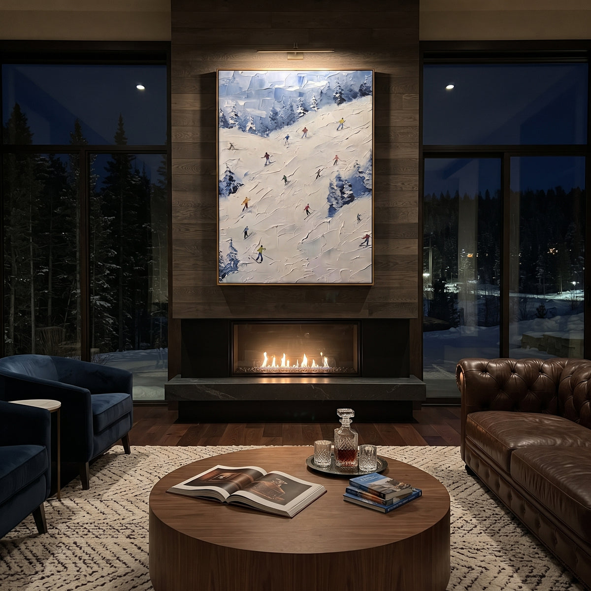 Quiet Snow Corridors With Pine Shadows focuses on a broad winter slope filled with curved ski trails and miniature moving figures. The artwork shows a winter ski scene built from the actual image: visible downhill figures, curved snow tracks, raised ridgelines, and alpine space arranged in a tall composition. The white, green, blue palette gives the piece a cold mountain atmosphere while the thick impasto surface creates shadows along each snowbank, ski line, and textured ridge. This is