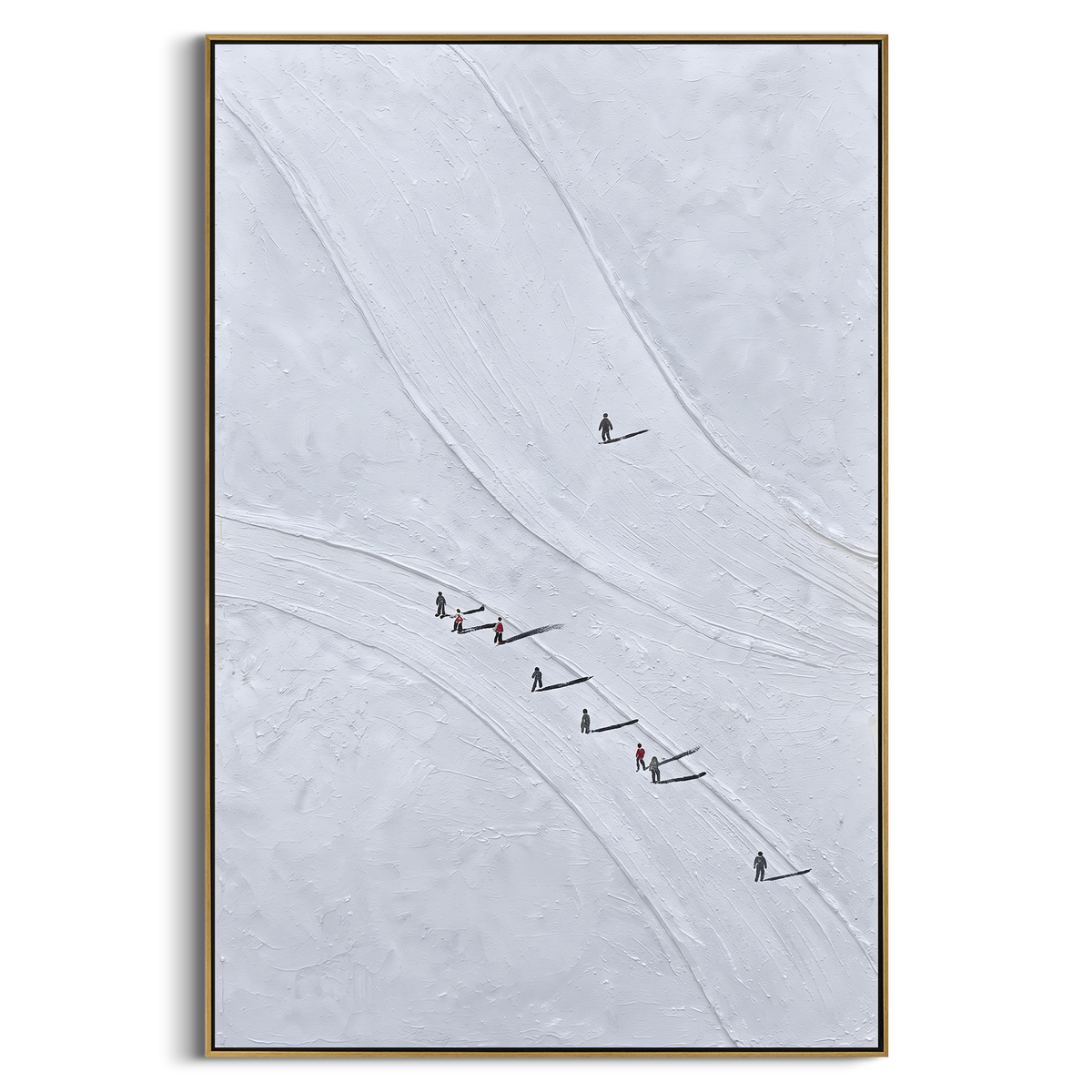 Carved Snow Trail With Pine Shadows focuses on soft gray snowfields broken by colorful skiers and thick ridge texture. The artwork shows a winter ski scene built from the actual image: visible downhill figures, curved snow tracks, raised ridgelines, and alpine space arranged in a tall composition. The white, black, gray palette gives the piece a cold mountain atmosphere while the thick impasto surface creates shadows along each snowbank, ski line, and textured ridge. This is presented as